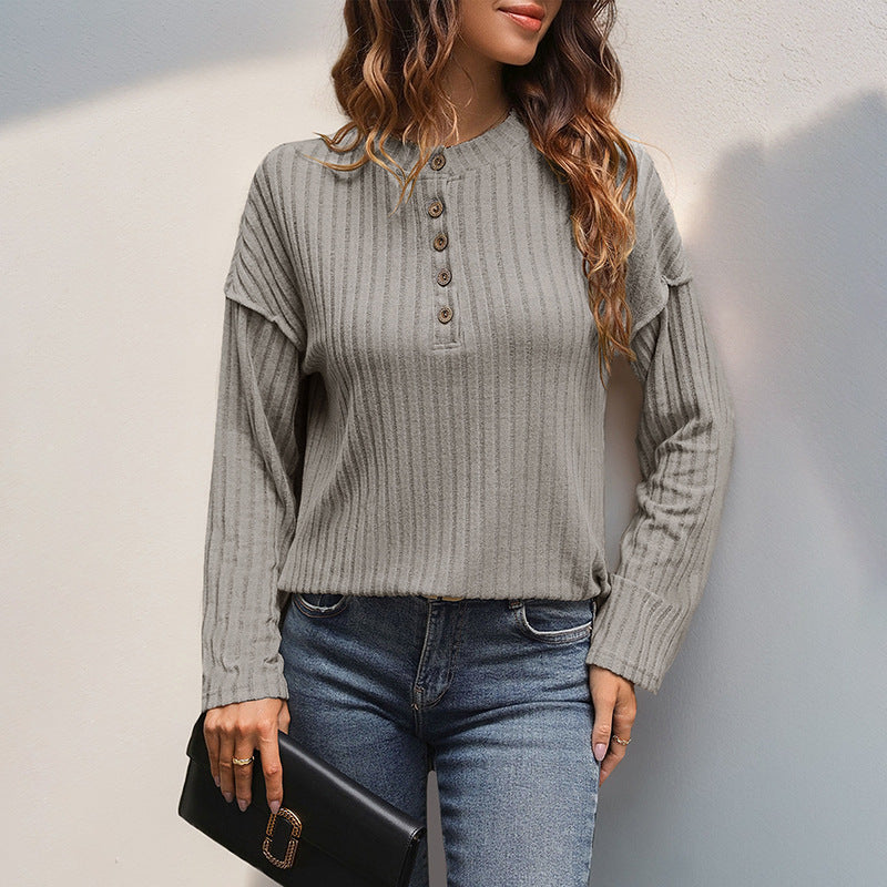 Women Ribbed Henley Sweater with Button Placket and Dropped Shoulder Mune Fashion