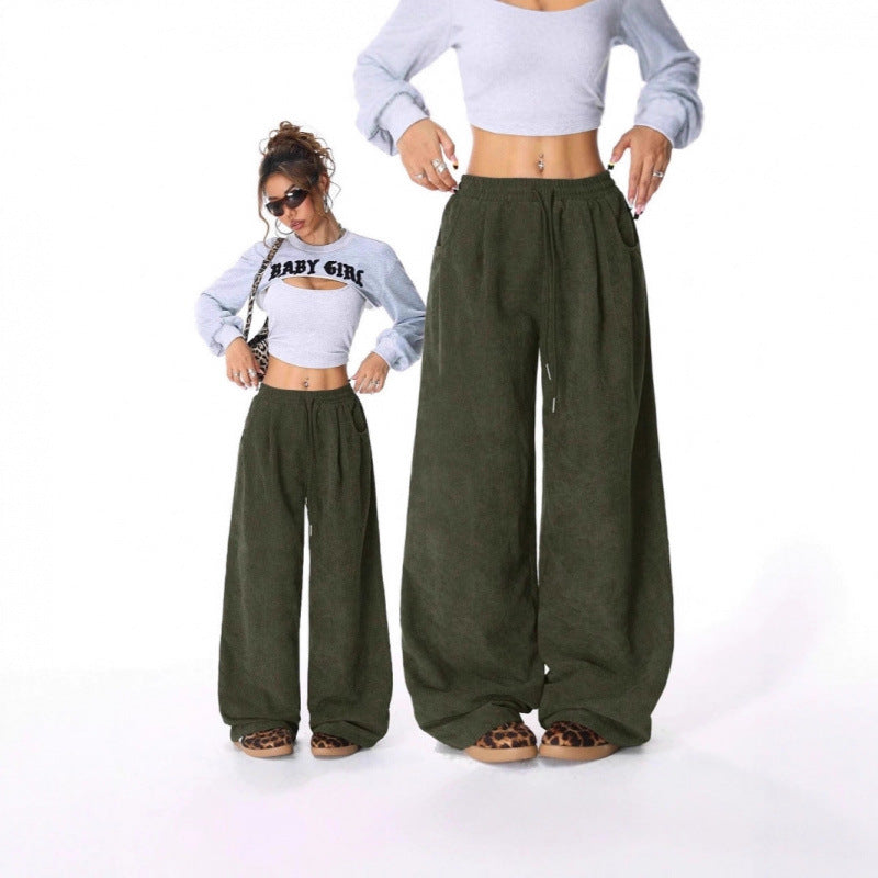 Ladies Wide Cord Pants with High Elastic Waist and Drawstring Mune Fashion