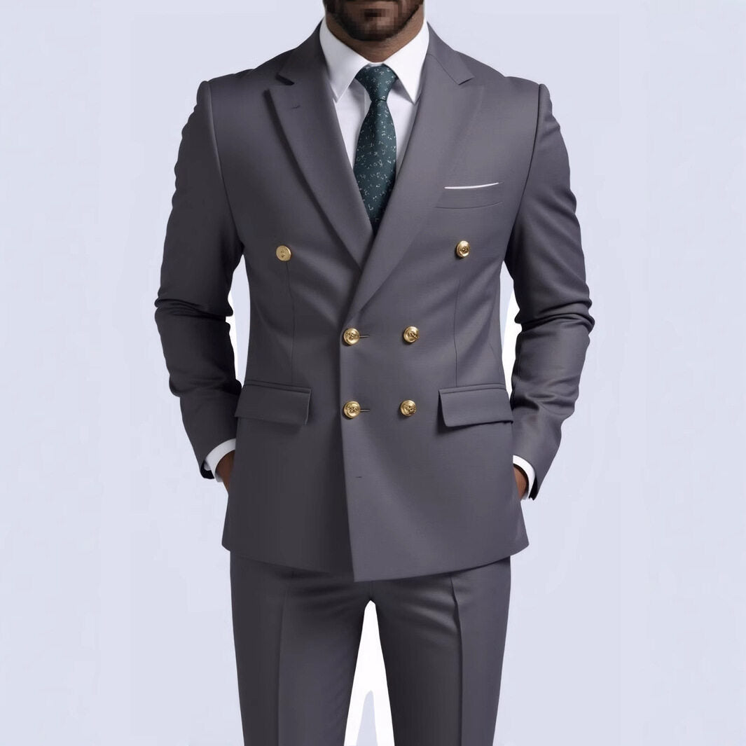 Men's double-breasted Slim-Fit suit with gold decorative buttons and slim business trousers Mune Fashion