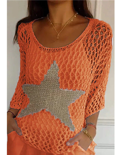 Women's oversized crocheted pullover with star appliqué and 3/4 sleeves Mune Fashion