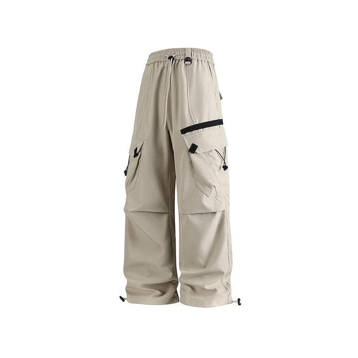 Men's Wide Utility Cargo Pants with Drawstring Waist, Multiple Pockets, and Adjustable Leg Openings Drune