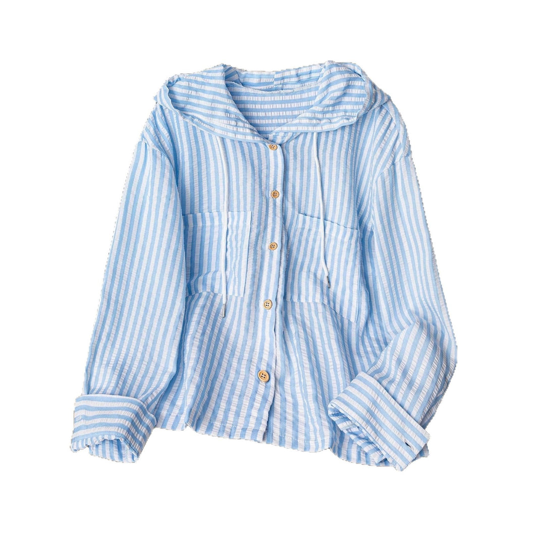Women’s Lightweight Striped Hooded Overshirt with Wooden Buttons and Applied Pockets Mune Fashion