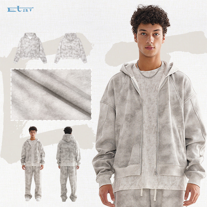 Unisex Short Cut Zip Hoodie made of French Terry with Cloud Dye Effect and Raglan Seams Mune Fashion