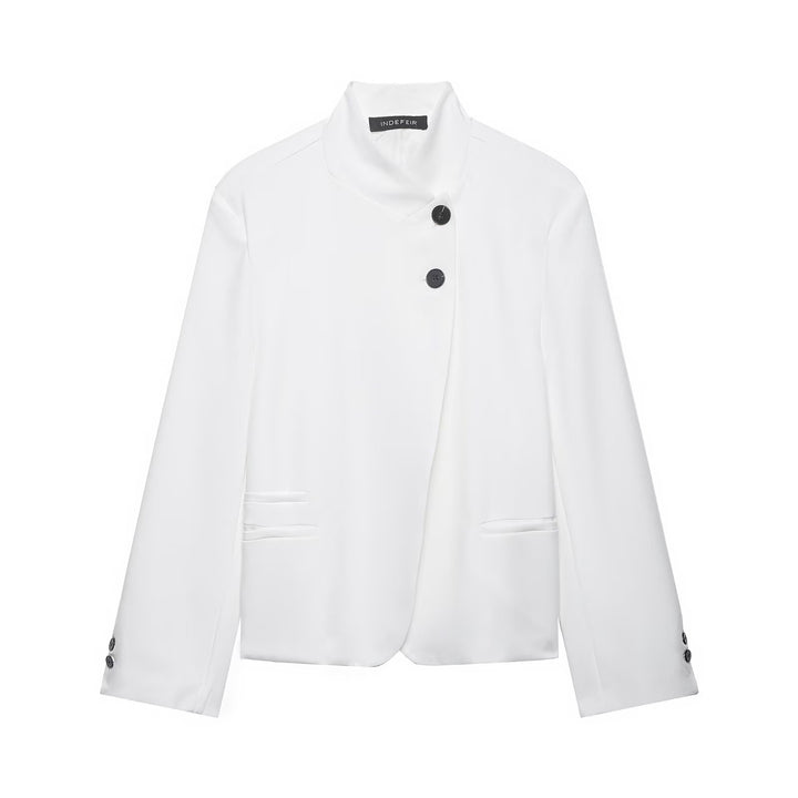 Women's Short Blazer with Stand Collar and Asymmetric Two-Button Closure Mune Fashion