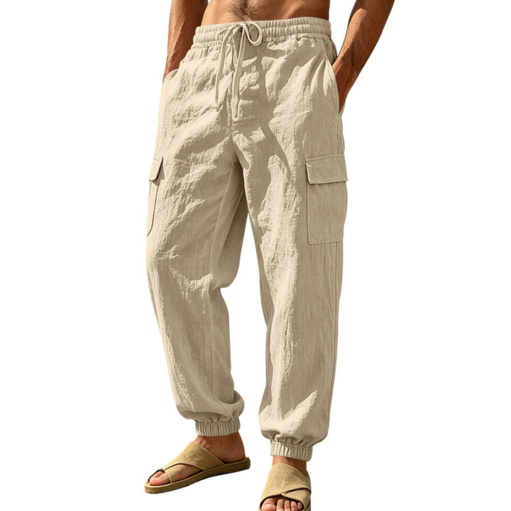 Men's lightweight cargo jogger pants made of linen blend with elastic drawstring waistband, patch flap pockets, and ribbed leg cuffs Mune Fashion