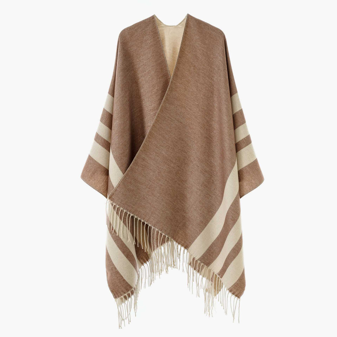 Women's Large Wool Blend Fringe Poncho with Diagonal Contrast Stripes Mune Fashion