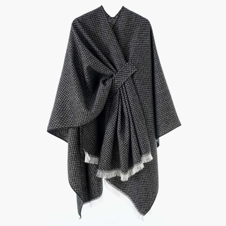 Women's Reversible Wool Mix Poncho with Houndstooth Jacquard and Ties Belt Mune Fashion
