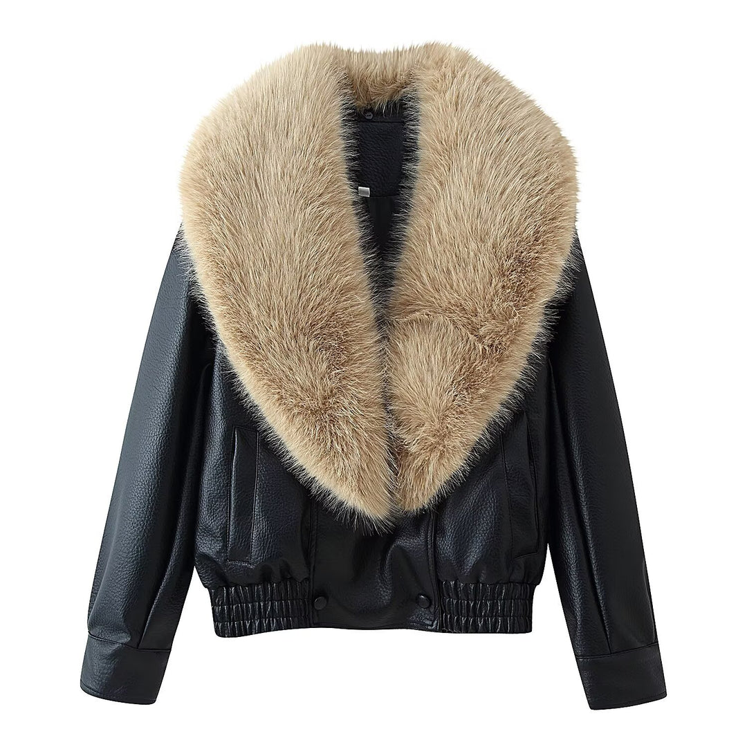 Women's Short-Cut Leather Bomber Jacket with Voluminous Removable Fur Collar Mune Fashion