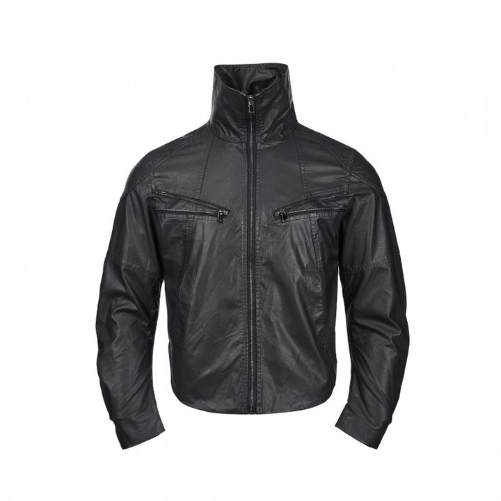 Men's short jacket in leather look with high stand-up collar, two diagonal chest zippers and vintage metal details Mune Fashion