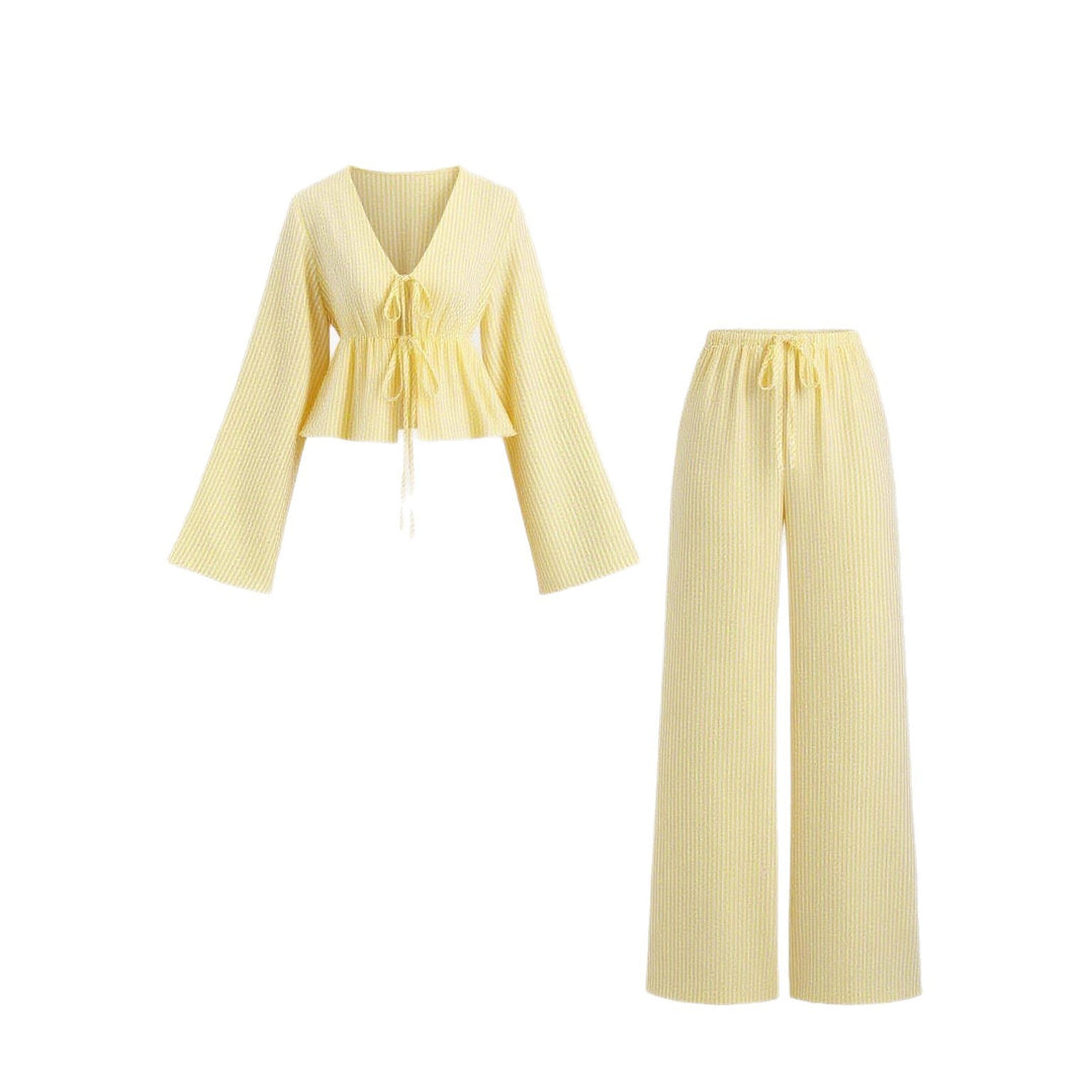 Women's non-striped linen-like homewear set with gathered drawstring top and elastic waistband pants Mune Fashion