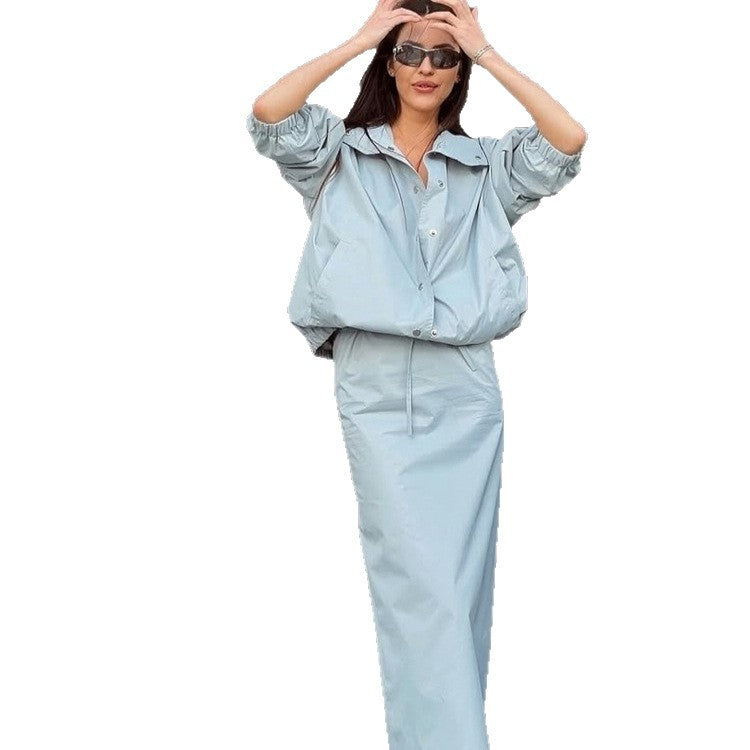 Women's Two-Piece Co-Ord Set made of Lightweight Windbreaker with Drawstring and Tailored Maxi Skirt Mune Fashion