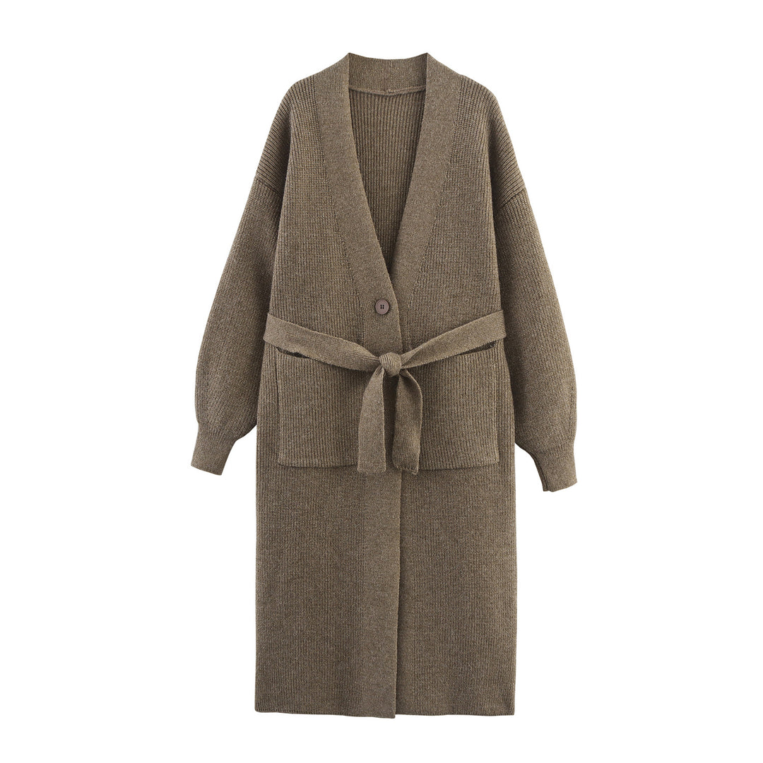 Women's Long Cardigan with Tie Belt, Patch Pockets and Deep V-Neck Mune Fashion