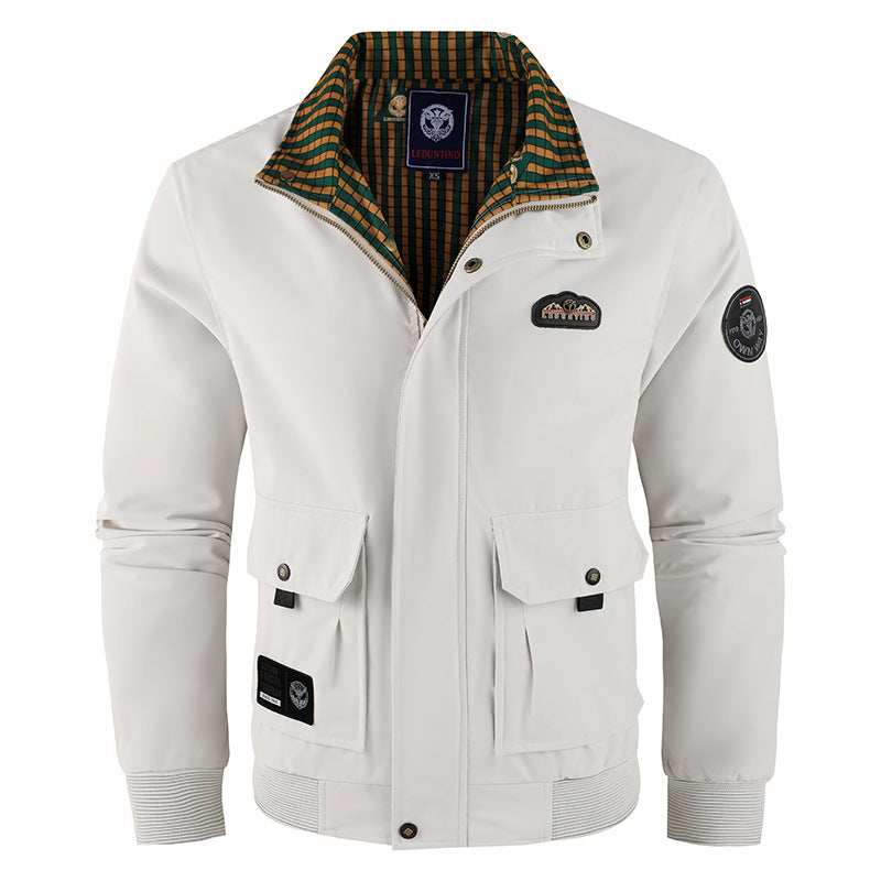 Men's nan windproof Harrington bomber jacket with contrasting checkered lining, snap button flaps, and elastic cuffs.