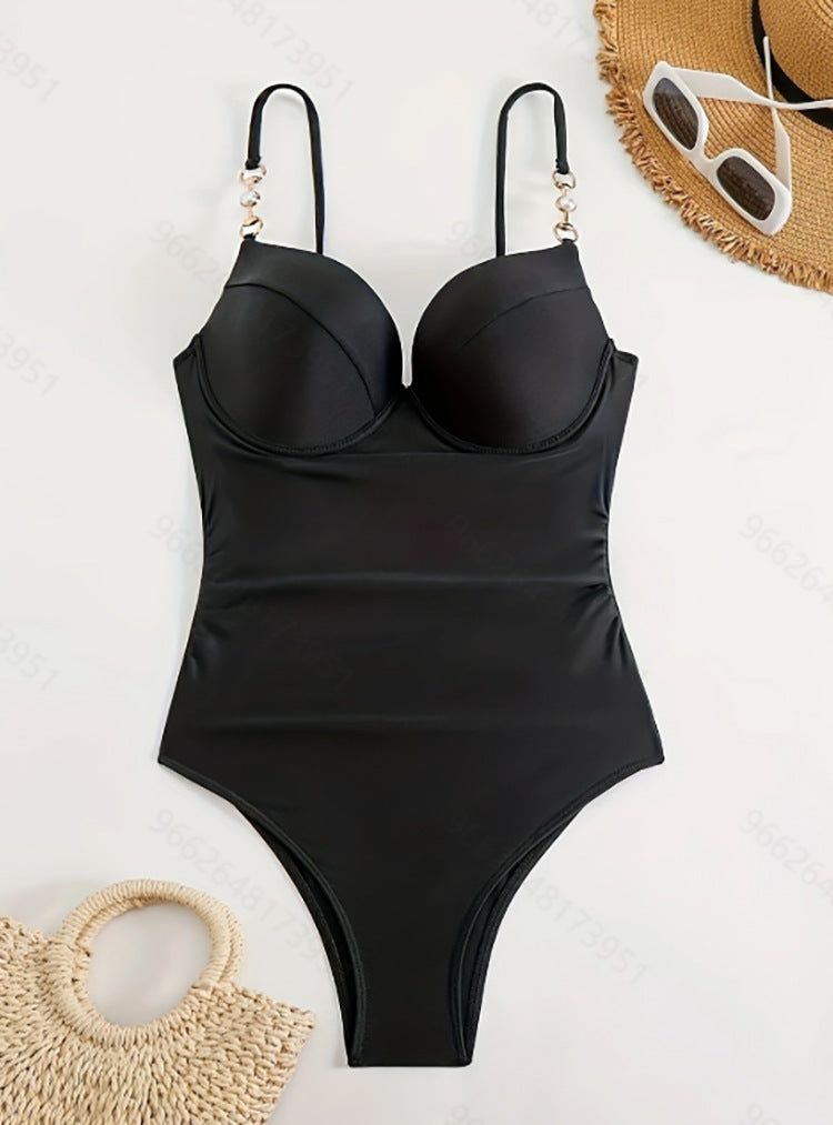 Women Elegant High-Cut One-Piece Swimsuit with Fashionable Buckles Mune Fashion