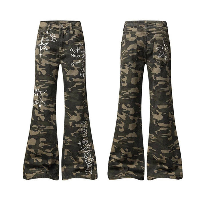 Women's Wide High-Waist Palazzo Jeans in Camouflage Print with Star and Text Applications, Flared Pants Mune Fashion