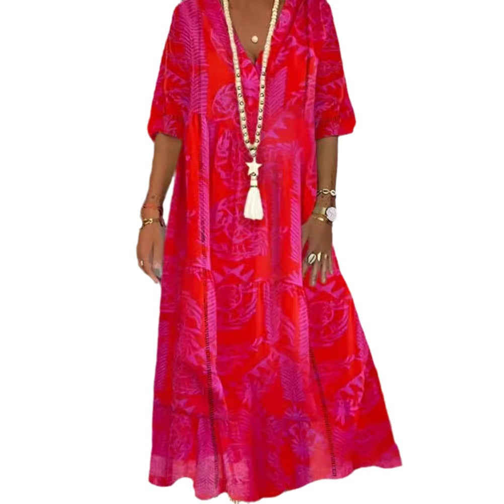Ladies Boho Long Dress with Deep V-Neck, Tiered Cut and Casual Oversized Fit Mune Fashion