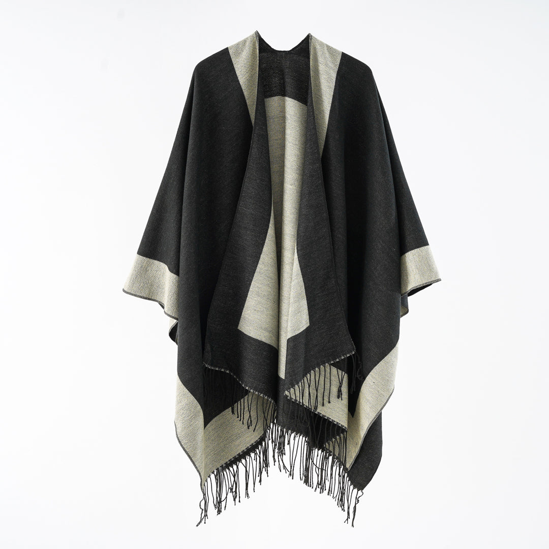 Women Oversize Reversible Cape Poncho made of Wool Blend with Fringing Mune Fashion