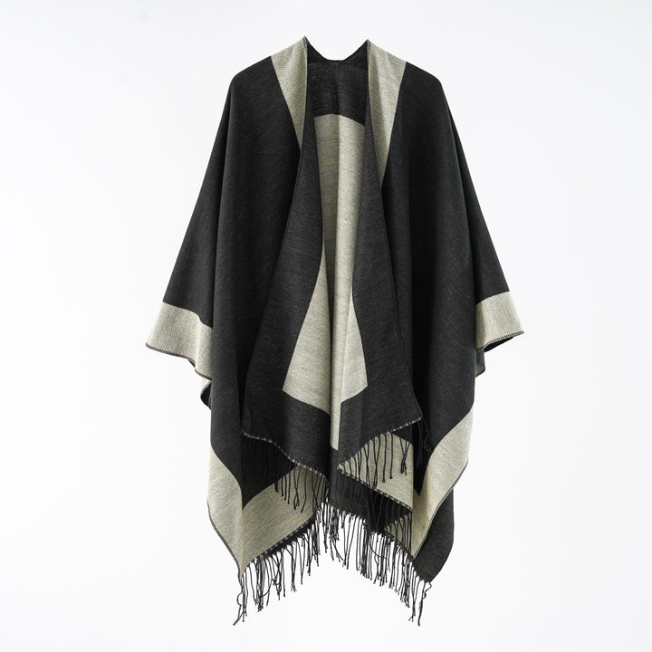 Women Oversize Reversible Cape Poncho made of Wool Blend with Fringing Mune Fashion