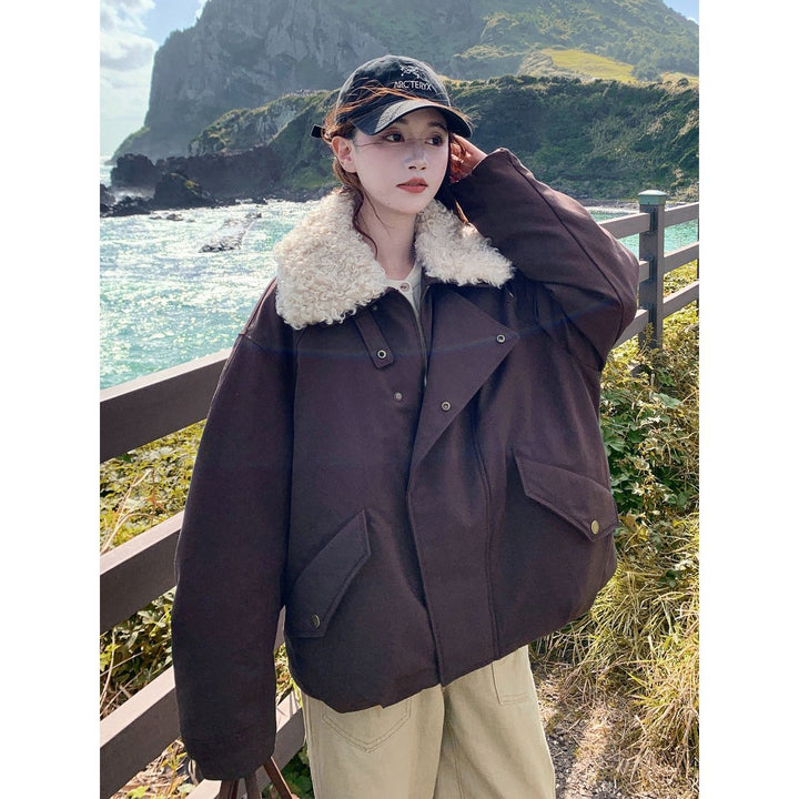 Women's Oversize Short Jacket with Teddy Collar and Flap Pockets Mune Fashion