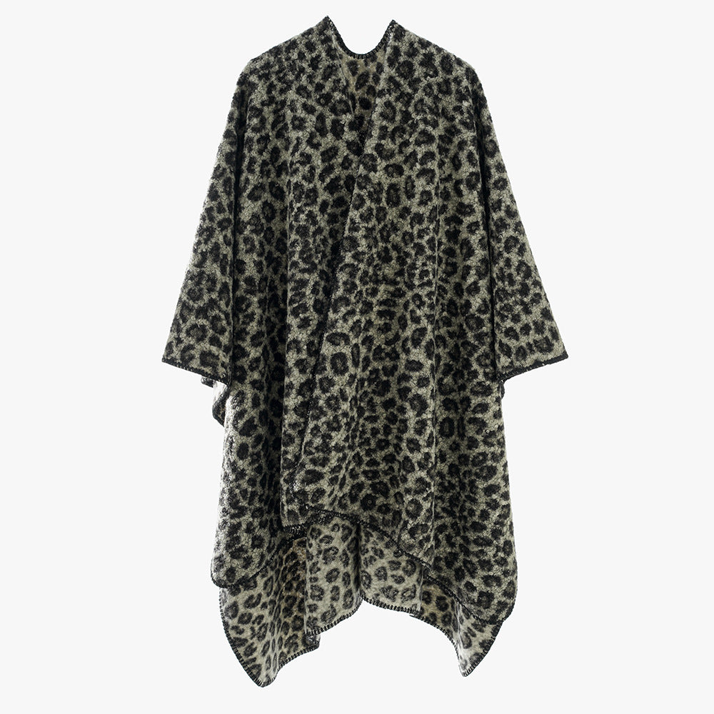 Women's Rectangular Wrap Ruana with Leopard Boucle and Fine Overlock Edging Mune Fashion