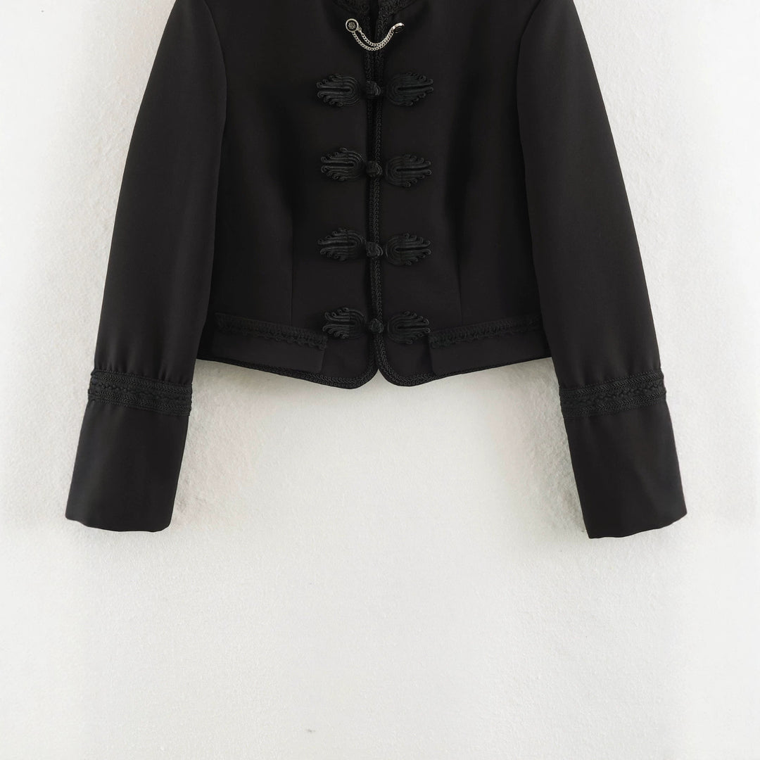 Ladies short military-style jacket with mandarin collar, decorative knot, and epaulettes Drune