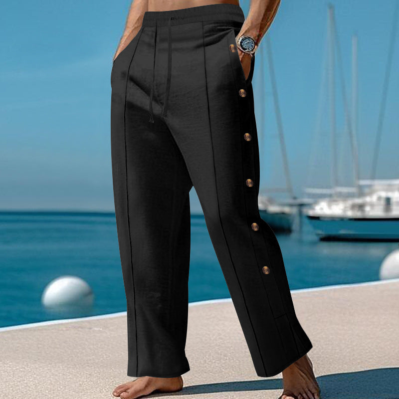 Men's nautical relaxed trousers with wide leg, elastic drawstring waistband and side button placket Mune Fashion