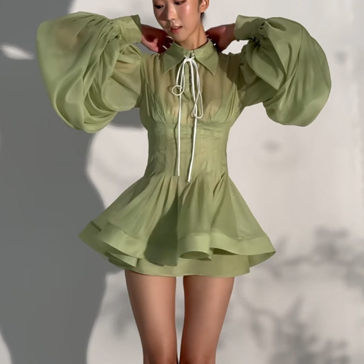 Ladies Transparent Chiffon Mini Dress with Corset Look, Puff Sleeves and Flared Skirt Mune Fashion
