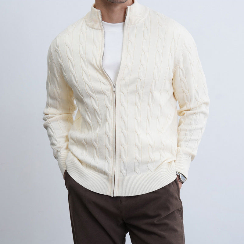Men's Fine Cable Knit Half-Zip Cardigan with Ribbed Collar and Silver Zipper Mune Fashion