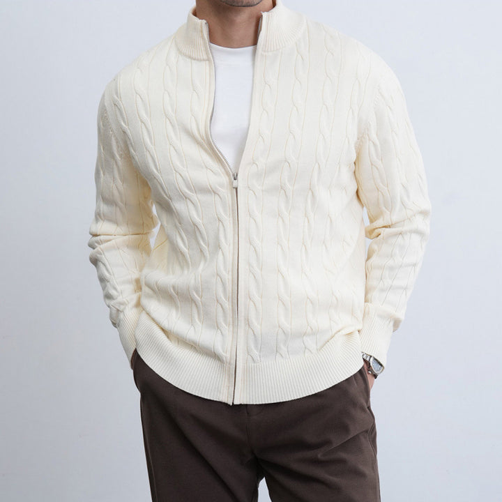Men's Fine Cable Knit Half-Zip Cardigan with Ribbed Collar and Silver Zipper Mune Fashion