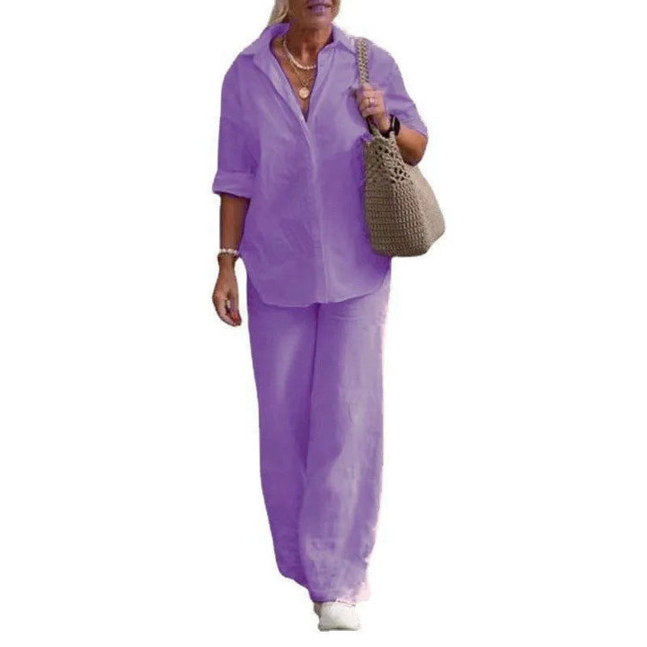 Women's Lightweight Linen Loungewear Set with Open Shirt Collar and Wide Palazzo Pants Mune Fashion