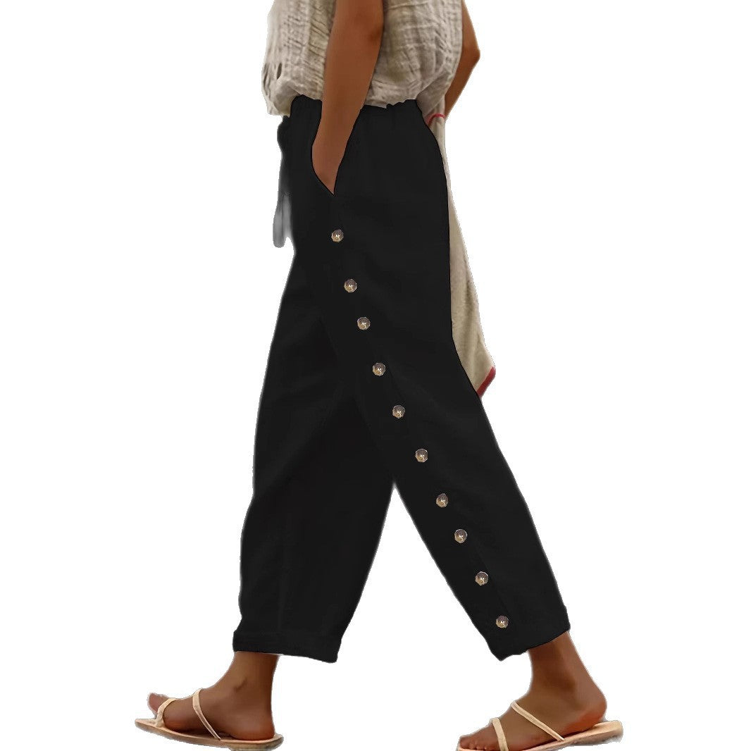 Women's Lightweight Linen Pants with High Waist, Drawstring and Side Snap Detailing Mune Fashion