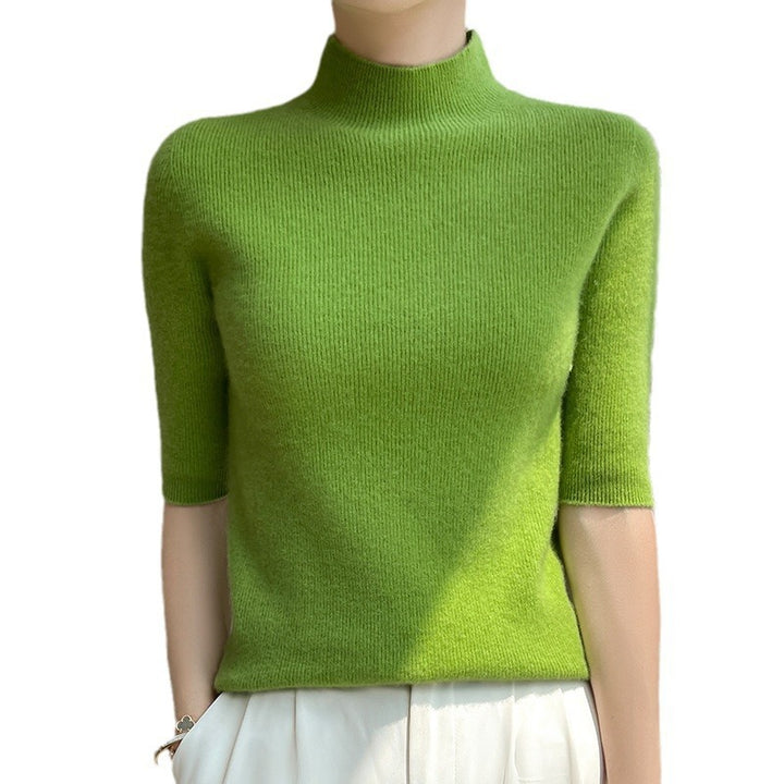 Women's Short Sleeve Mock Neck Sweater with Fluffy Angora Look Mune Fashion
