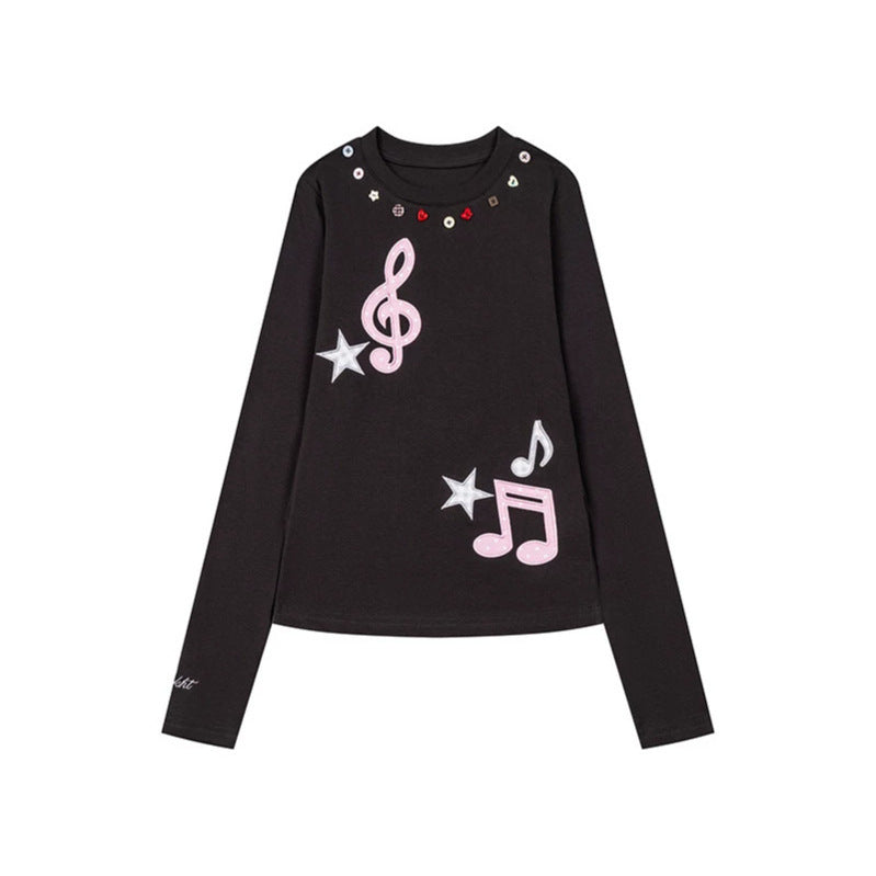 Women's long sleeve shirt with sequin collar and music note appliqués Mune Fashion