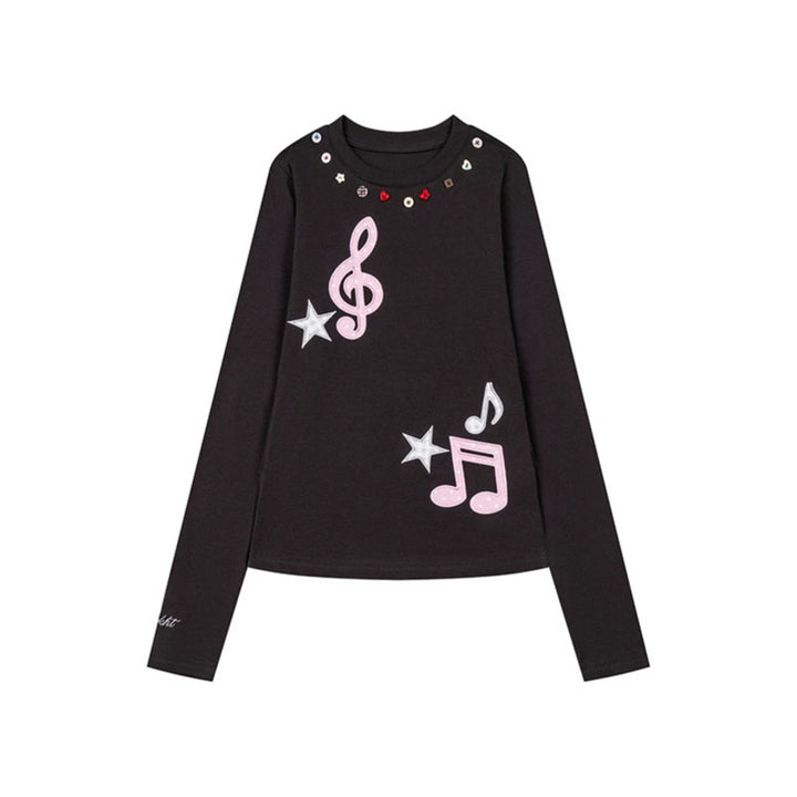 Women's long sleeve shirt with sequin collar and music note appliqués Mune Fashion
