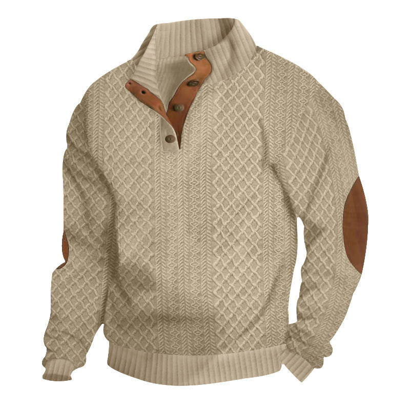 Men's coarse-knit pullover with standing collar, button placket, and elbow patches Mune Fashion