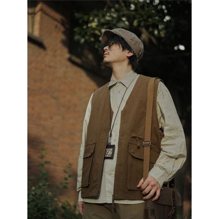 Men's Multifunctional Canvas Utility Vest with Front Pockets and Zipper Mune Fashion