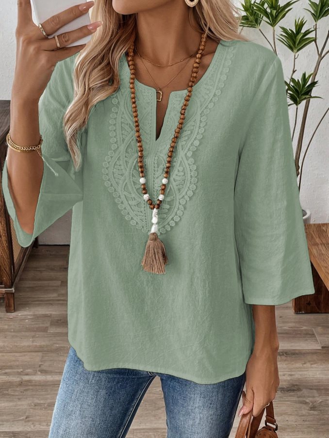 Women's Embroidered Linen Tunic with V-Neck and Three-Quarter Sleeves Mune Fashion