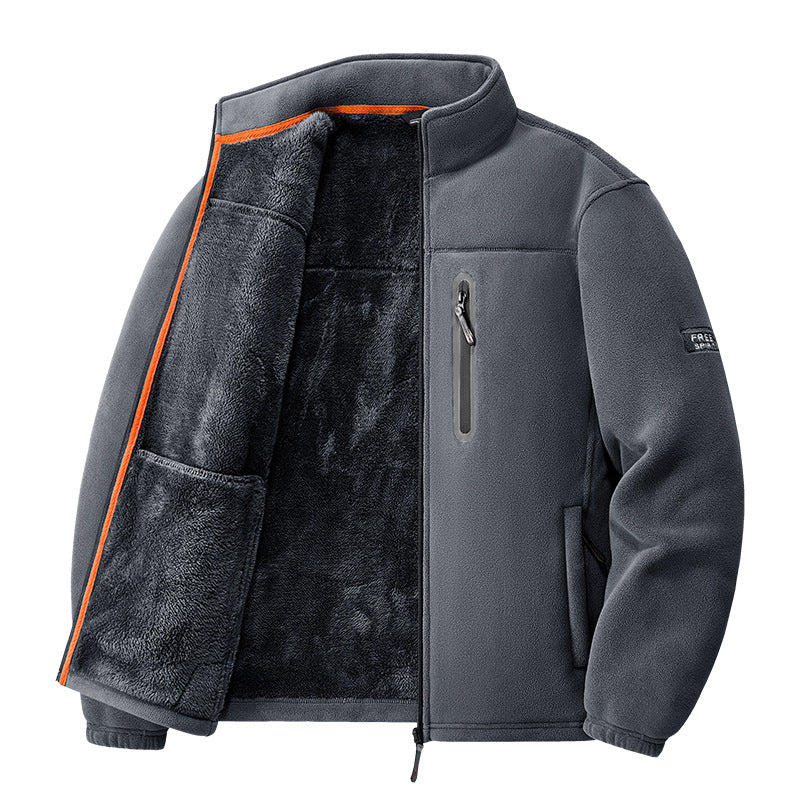 Men's nan thermal fleece jacket with high-pile teddy lining, chest zip pocket, and windproof front shell