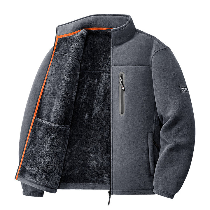 Men's nan thermal fleece jacket with high-pile teddy lining, chest zip pocket, and windproof front shell