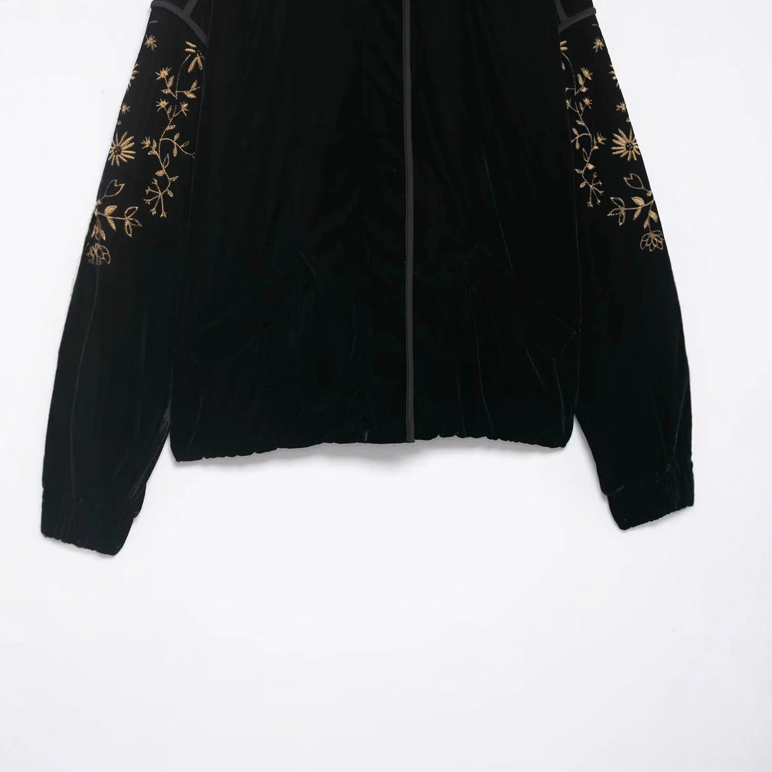 Ladies' velour bomber jacket with embroidered sleeves and stand-up collar Mune Fashion