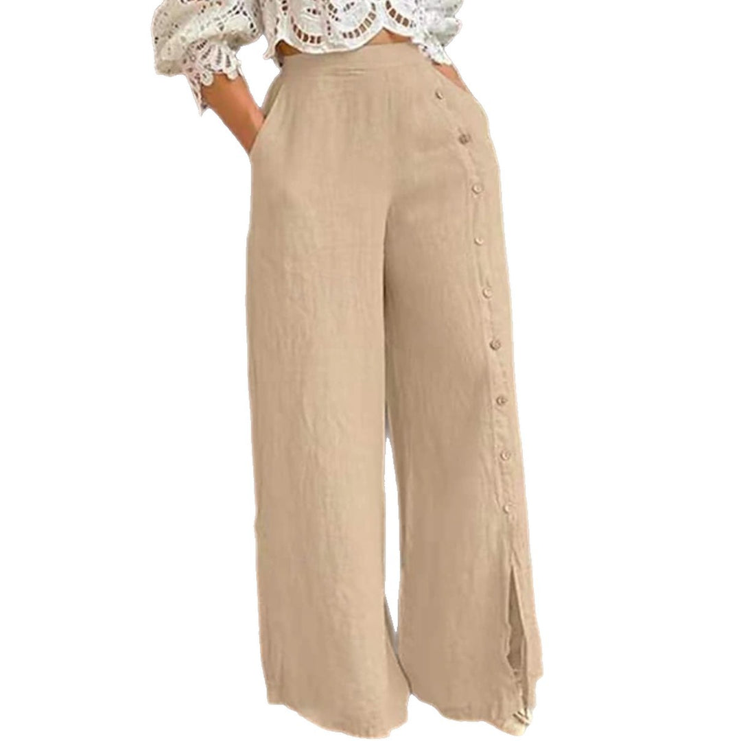 Women's high-waisted linen trousers with a side decorative button placket, side pockets, and wide leg cut Mune Fashion