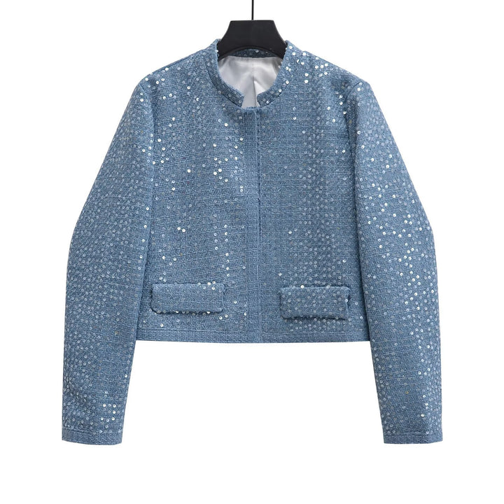 Women's Short Blazer Made of Boucle Tweed with Sequins and Flap Pockets Mune Fashion