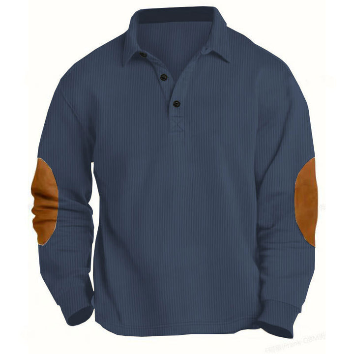 Men's nan legeres long sleeve polo shirt with shirt collar, short button placket, fine texture and velour elbow patches Mune Fashion