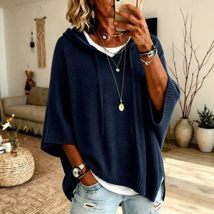 Ladies Oversized Knit Poncho with Hood, Batwing Sleeves and Side Slits Mune Fashion