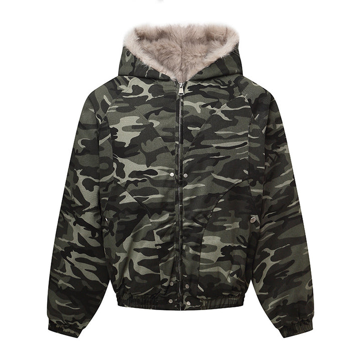 Unisex Padded Hooded Jacket in Camouflage Pattern with Teddy Lining and Elastic Hem Mune Fashion