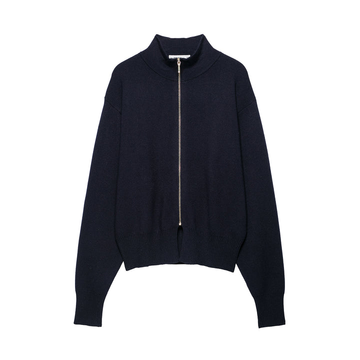 Women's cropped fine-knit cardigan with standing collar, full-length zipper, and fitted ribbed section.