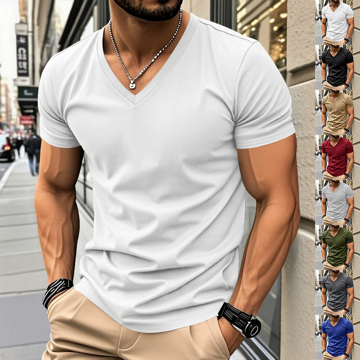 Men's classic V-neck T-shirt made of fine cotton jersey with reinforced neckband and double stitching Mune Fashion