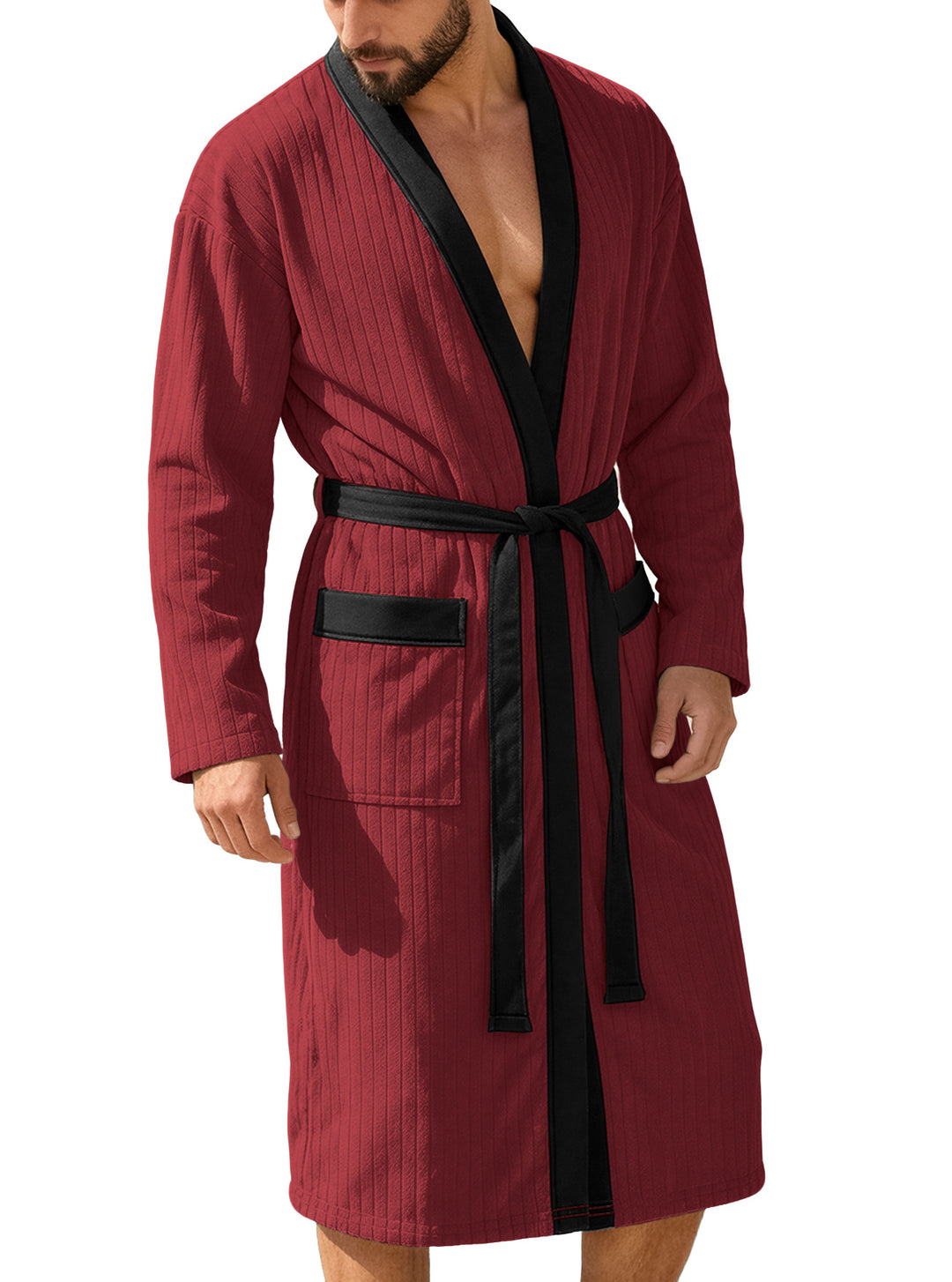 Men's knee-length ribbed kimono-style bathrobe with shawl collar and contrast piping Mune Fashion