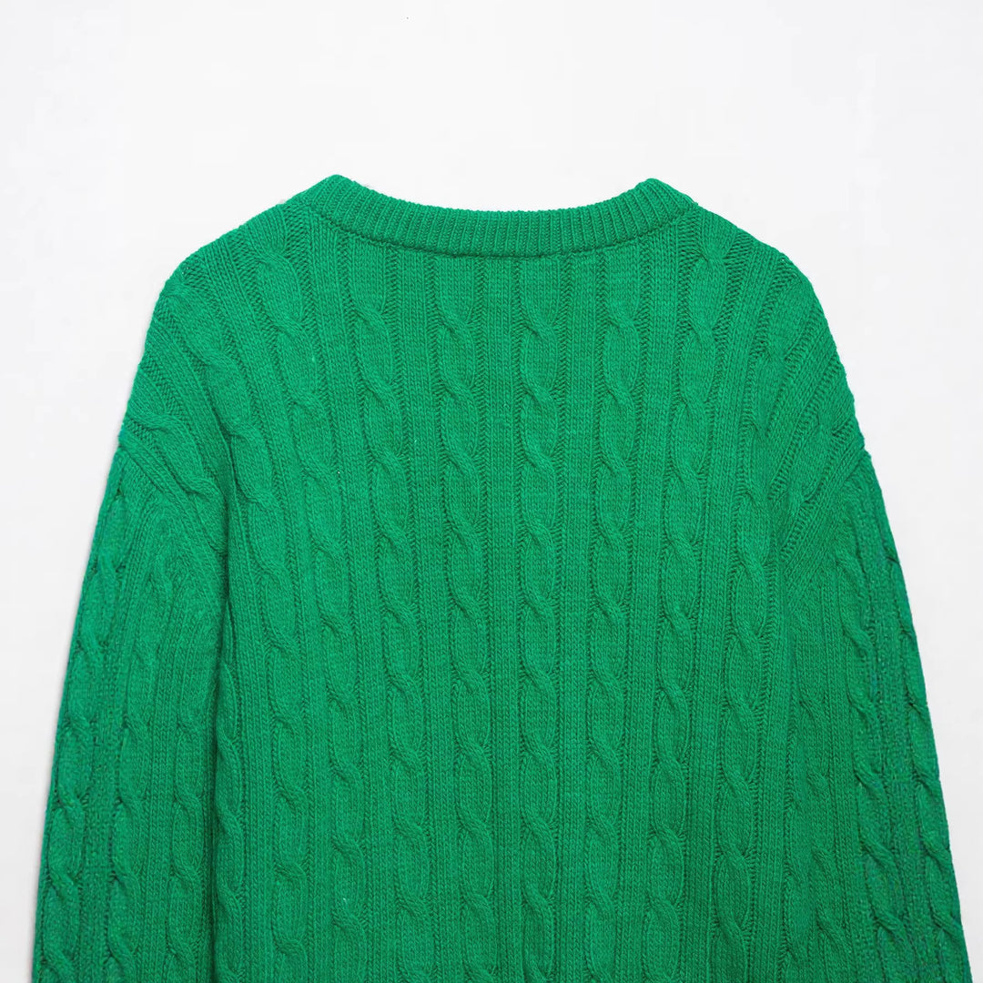 Ladies Chunky Knit V-Neck Cable Knit Sweater with Ribbed Cuffs Mune Fashion