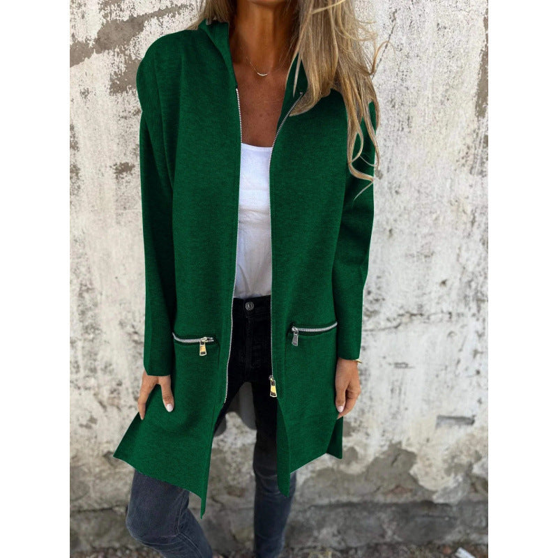 Women’s Hooded Long Cardigan with Full Zip and Decorative Pockets Mune Fashion